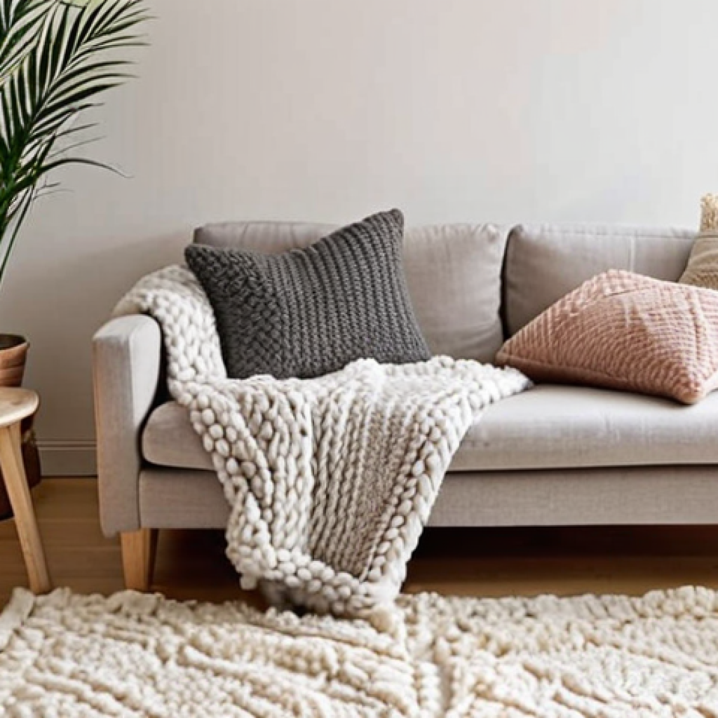 **

"A cozy living room bathed in soft, natural light. White walls, a light gray sofa with chunky knit throw blankets, and several cushions in muted pastel colors. A sheepskin rug lies on the floor near a birch wood coffee table. Candles are lit on the table, and a snake plant sits in a stylish pot on a nearby shelf. The overall feeling is warm, inviting, and 'hygge'."

**