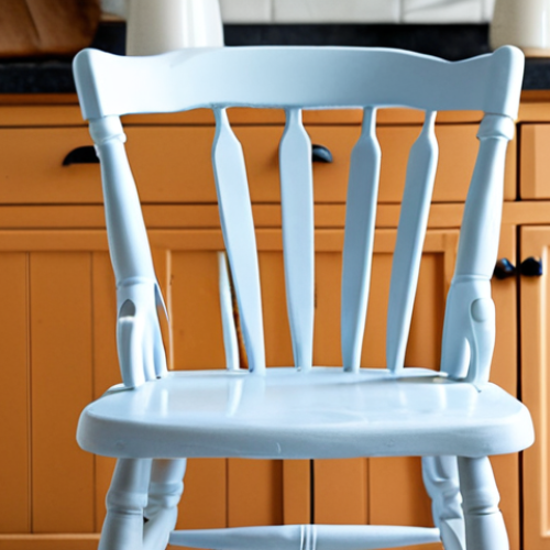 **

A close-up shot of a refinished farmhouse-style kitchen chair. The chair is painted with a matte finish latex paint in a light, neutral color. Focus is on the smooth paint job, highlighting the light sanding and protective polycrylic sealant layers. The background is a softly blurred kitchen setting.

**