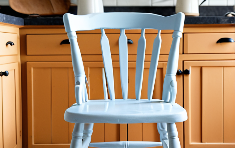 **

A close-up shot of a refinished farmhouse-style kitchen chair. The chair is painted with a matte finish latex paint in a light, neutral color. Focus is on the smooth paint job, highlighting the light sanding and protective polycrylic sealant layers. The background is a softly blurred kitchen setting.

**