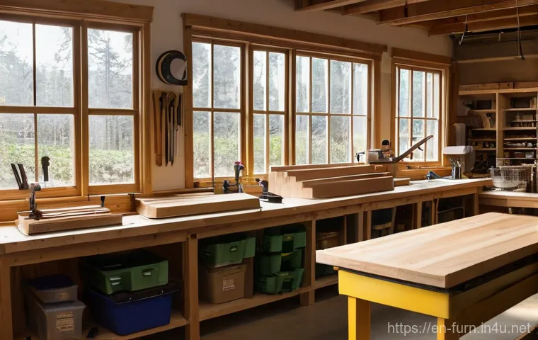 가구 공방 창업 가이드 - **A highly functional and aesthetically pleasing woodworking workshop.** The space is filled with wa...