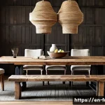 Home 22 친환경 가구 브랜드 - A cozy living room scene featuring a rustic reclaimed wood dining table with visible unique grain pa...