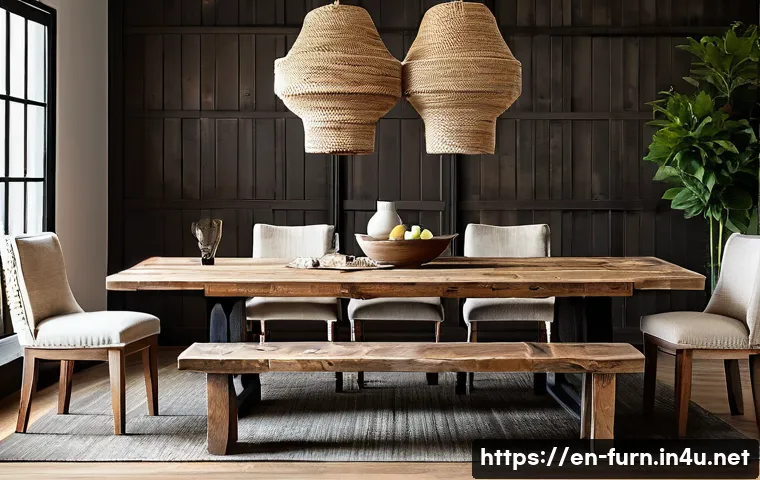 친환경 가구 브랜드 - A cozy living room scene featuring a rustic reclaimed wood dining table with visible unique grain pa...