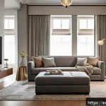 Home 21 거실 가구 배치 팁 - A modern living room featuring a sleek leather storage ottoman with a lift-up lid, serving as a comf...