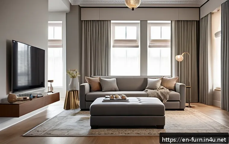 거실 가구 배치 팁 - A modern living room featuring a sleek leather storage ottoman with a lift-up lid, serving as a comf...