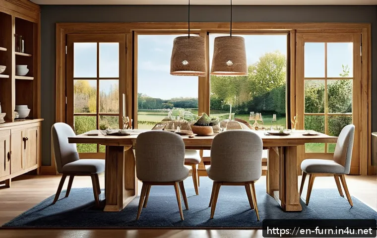 원목 테이블 vs 대리석 테이블 - A cozy dining room featuring a solid oak wood table with distinctive grain patterns, visible knots, ...