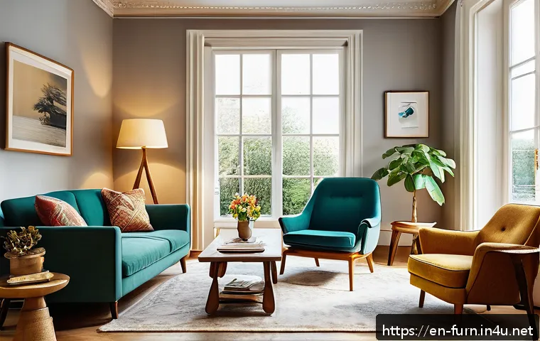 중고 가구 거래 사이트 추천 - A bright, cozy living room scene featuring a variety of secondhand furniture pieces displayed as if ...