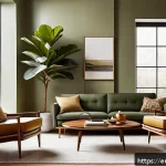 Home 18 미드센추리 모던 가구 - A cozy mid-century modern living room featuring a sleek teak coffee table with tapered legs that app...