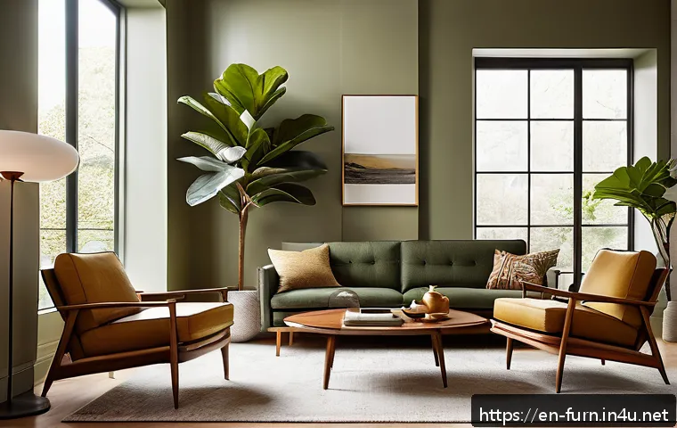 미드센추리 모던 가구 - A cozy mid-century modern living room featuring a sleek teak coffee table with tapered legs that app...