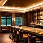 Home 23 음식점 인테리어 조명 - A cozy upscale restaurant interior showcasing layered lighting design: warm ambient ceiling lights w...
