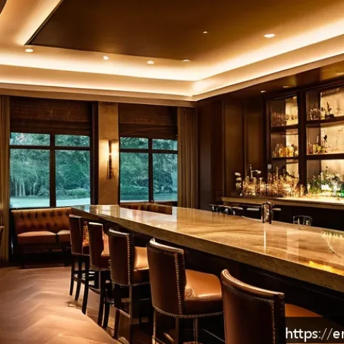 Home 17 음식점 인테리어 조명 - A cozy upscale restaurant interior showcasing layered lighting design: warm ambient ceiling lights w...