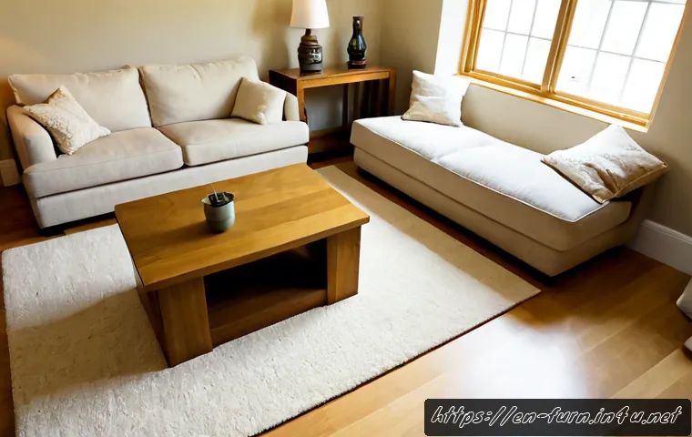 거실 러그 선택법 - Photorealistic bright American living room viewed from a slightly elevated wide angle, a large neutr...