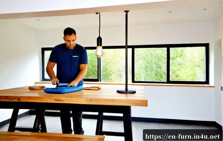 식탁 조명 설치 방법 - Photorealistic home interior, an adult homeowner safely installing a modern pendant light above a wo...